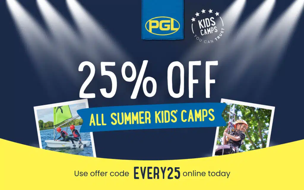 Promotional banner offering 25% off all summer kids' camps with PGL Adventure Holidays; features images of children sailing and climbing. Use offer code EVERY25 for online bookings.