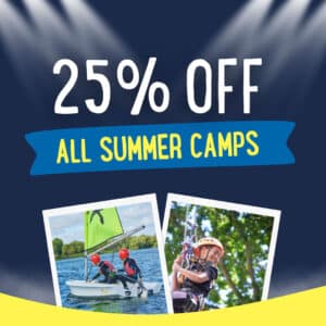Graphic advertising 25% off all summer camps, with images of children sailing and doing a ropes course outdoors.