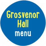 Blue circle with the text "Grosvenor Hall menu" in yellow and white letters.