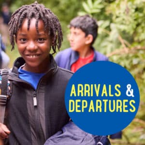 A young person carrying a bag smiles at the camera outdoors, with another child in the background. Overlay text reads "Arrivals & Departures.