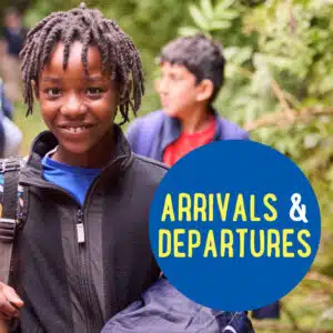A young person carrying a bag smiles at the camera outdoors, with another child in the background. Overlay text reads "Arrivals & Departures.