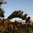 Seated riders on Adrenaline Quest at Boreatton Park speed along a winding outdoor track surrounded by trees under a clear sunset sky on July 20, 2024.
