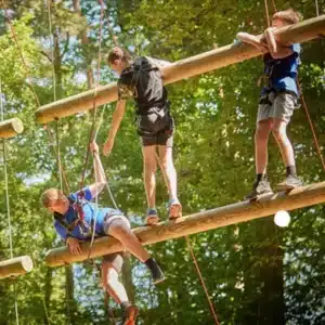 Three people wearing harnesses balance on suspended wooden beams at the Cool Science event, Liddington – Jul 20, 2024, navigating a high ropes course among the trees.