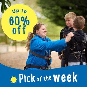 A woman helps two boys put on harnesses outdoors. Text reads "Up to 60% off" and "Pick of the week.