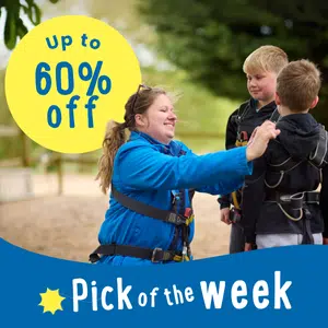A woman helps two boys put on harnesses outdoors. Text reads "Up to 60% off" and "Pick of the week.