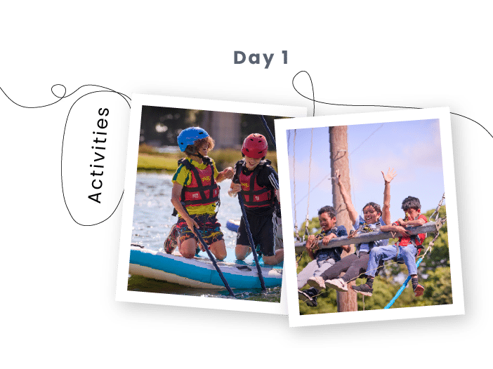 Two photos of children wearing helmets and life jackets; one group paddles on water, the other smiles while sitting on a ropes course. Text reads "Day 1 Activities" at PGL Adventure Holidays.