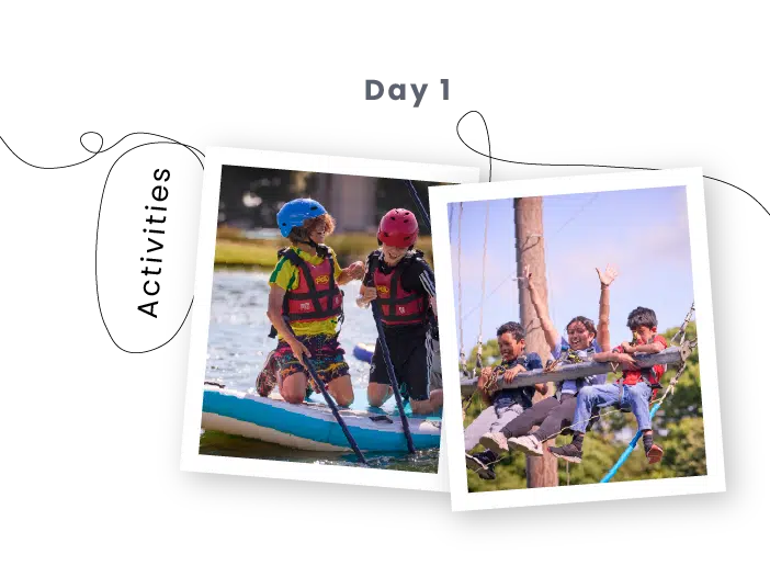 Two photos of children wearing helmets and life jackets; one group paddles on water, the other smiles while sitting on a ropes course. Text reads "Day 1 Activities" at PGL Adventure Holidays.