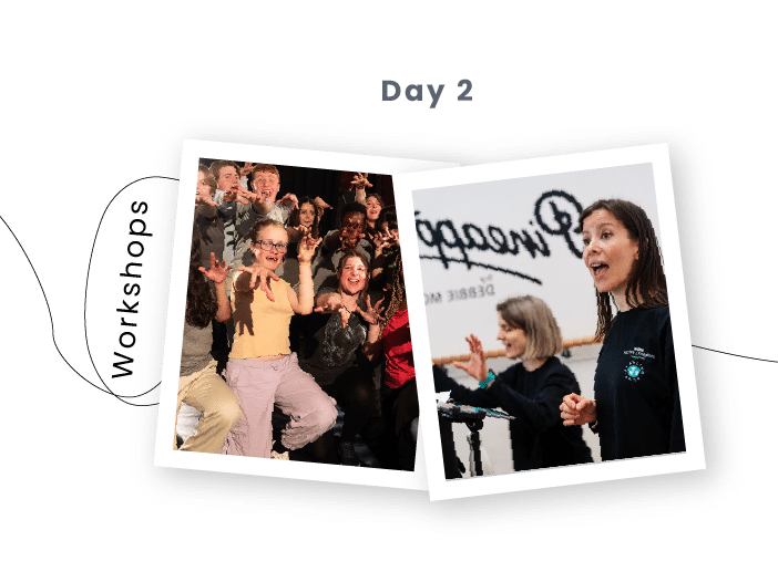Two photos: one captures a group enthusiastically participating in a PGL Adventure Holidays workshop; the other shows two women speaking in front of a sign during the day 2 workshop.