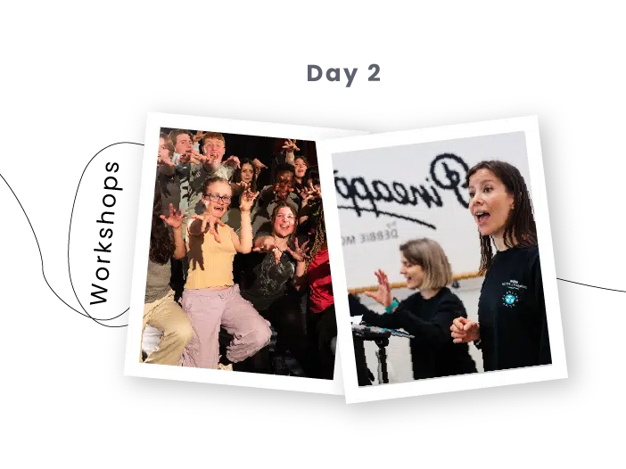 Two photos: one captures a group enthusiastically participating in a PGL Adventure Holidays workshop; the other shows two women speaking in front of a sign during the day 2 workshop.