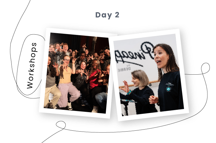 Two photos labelled "Day 2 Workshops": one captures an energetic group pose, whilst the other features two women teaching in front of a sign—showcasing the spirit of PGL Adventure Holidays.