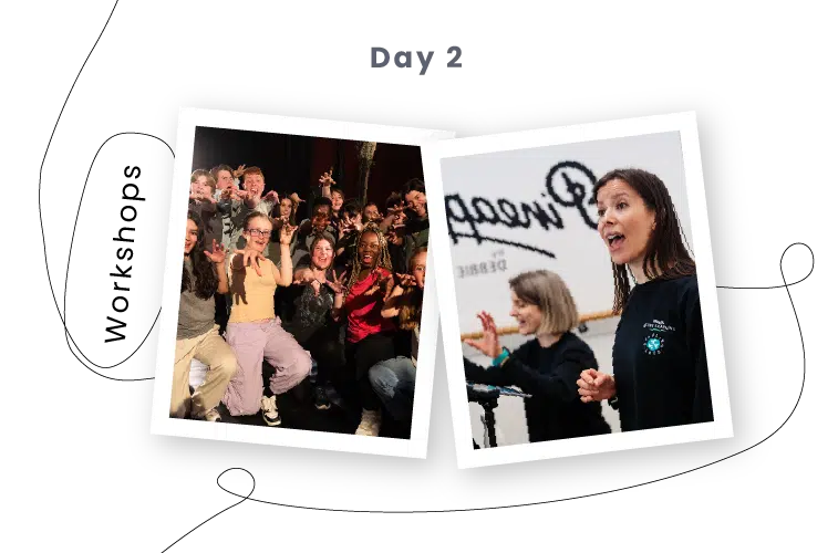 Two photos labelled "Day 2 Workshops": one captures an energetic group pose, whilst the other features two women teaching in front of a sign—showcasing the spirit of PGL Adventure Holidays.