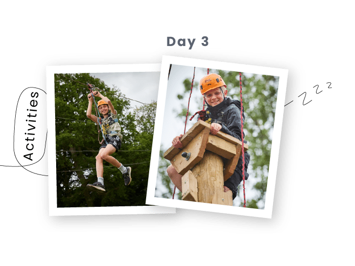Two children wearing helmets and harnesses take on outdoor climbing and zip-wiring activities with PGL Adventure Holidays on Day 3.