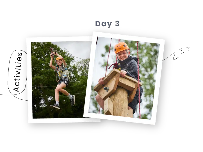 Two children wearing helmets and harnesses take on outdoor climbing and zip-wiring activities with PGL Adventure Holidays on Day 3.