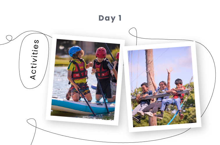 Two photos show children at PGL Adventure Holidays in life jackets canoeing on water and riding a zip wire outdoors, labelled as "Day 1 Activities.