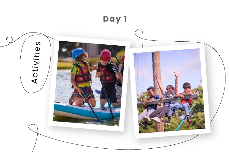 Two photos show children at PGL Adventure Holidays in life jackets canoeing on water and riding a zip wire outdoors, labelled as "Day 1 Activities.