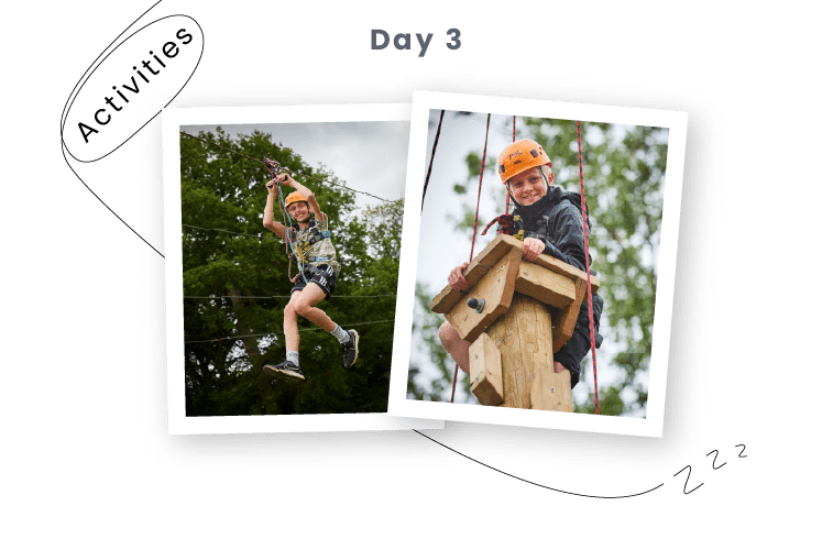Two children wearing harnesses and helmets participate in outdoor climbing and rope activities on Day 3 of their PGL Adventure Holidays.