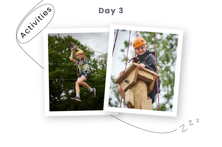 Two children wearing harnesses and helmets participate in outdoor climbing and rope activities on Day 3 of their PGL Adventure Holidays.