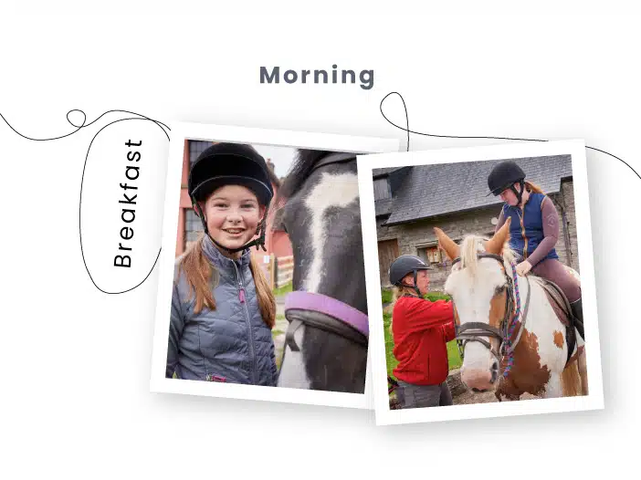 Two young people in riding helmets are with horses outdoors during a PGL Adventure Holidays experience. One smiles next to a horse, while the other sits atop another as an older adult assists. The word "Breakfast" is shown vertically.