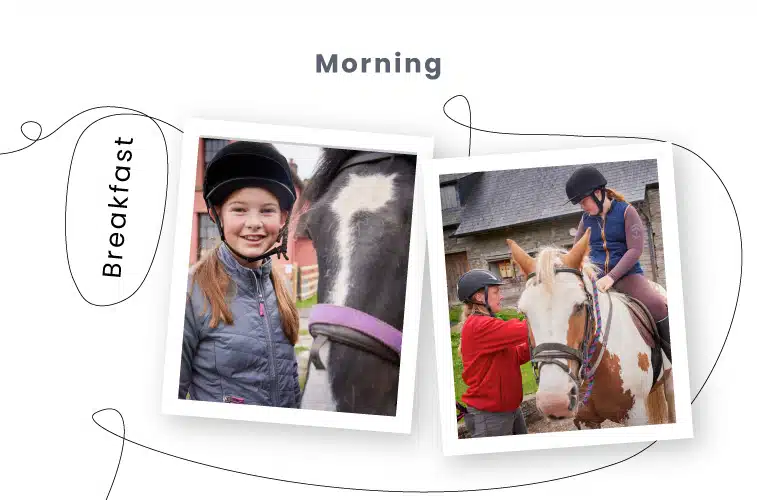 Two photos: left shows a smiling girl in riding gear beside a horse; right shows a person adjusting another rider's helmet while seated on a horse. The words "Breakfast" and "Morning" appear above, capturing the excitement of a PGL Adventure Holidays morning – the perfect start to an action-packed day.