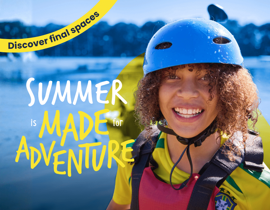 A smiling child in a blue helmet and life vest stands by water, with text reading, 