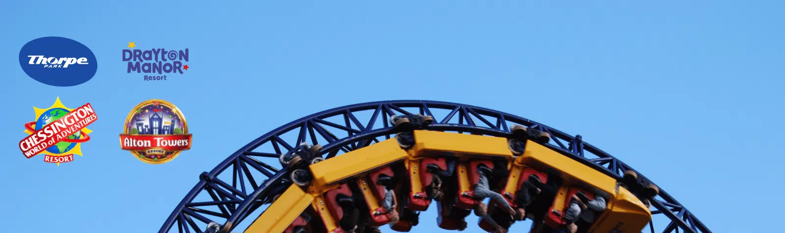 A yellow rollercoaster loops against a blue sky, with logos for Thorpe Park, Drayton Manor, Chessington, Alton Towers, and PGL Adventure Holidays on the left.